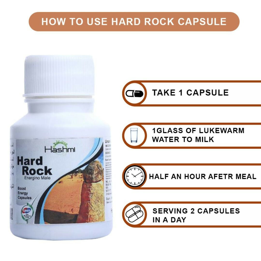 Hashmi Pharmacy Hard Rock Capsules are formulated with natural ingredients like Ashwagandha, Safed Musli, Gokshur, Gheekwar, and more. 