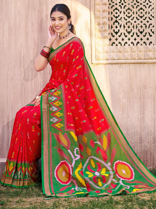 Anaita Red Silk Saree With Blouse Piece
