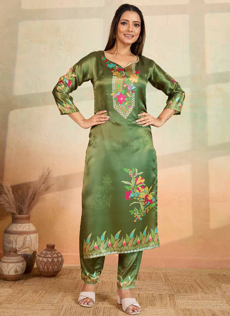 Prazu Fashion Mahendi Green Printed Cotton Reyon Kurta Pant Set