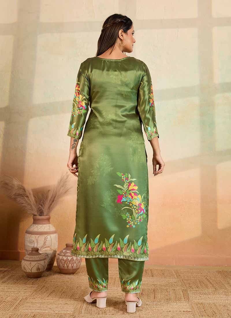 Prazu Fashion Mahendi Green Printed Cotton Reyon Kurta Pant Set