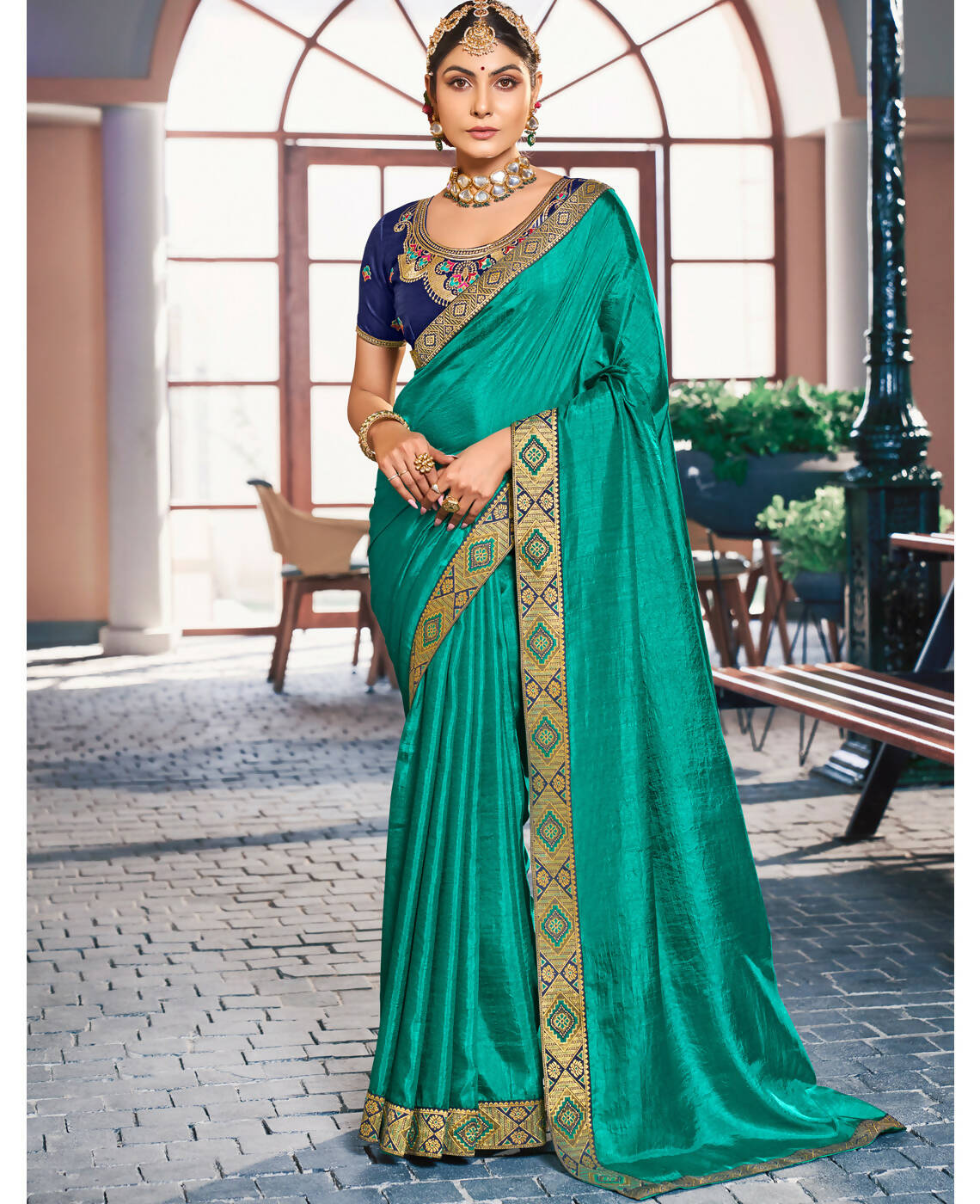 Sea Green Solid Vichitra Saree With Unstitched Blouse Piece - Selena