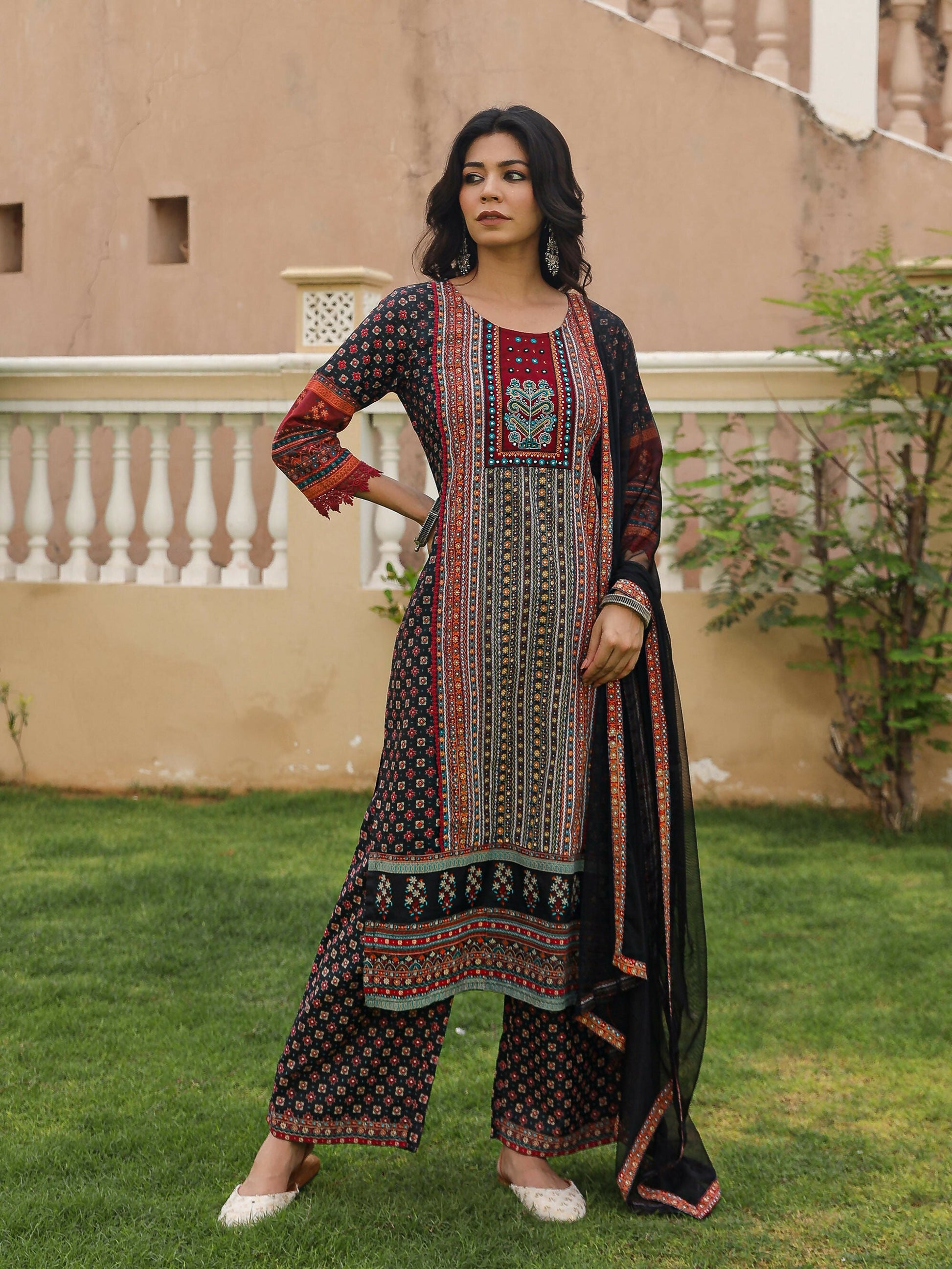 Juniper Women's Black Ethnic Motif Printed Rayon Kurta Palazzo And Dupatta With Mirror & Thread Work