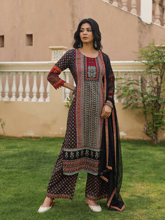 Juniper Women's Black Ethnic Motif Printed Rayon Kurta Palazzo And Dupatta With Mirror & Thread Work