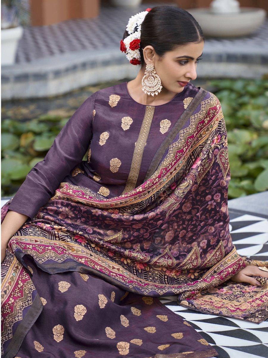 Aastha Fashion Women's Purple Pure Silk Elegant Jacquard Woven Kurta with Trouser & Dupatta - Grab2buy