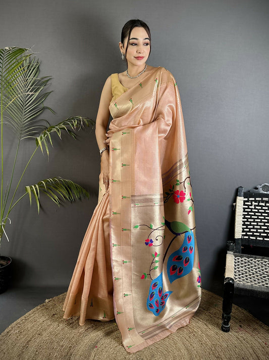 Joban Fashion Peach Peacock & Floral Motifs Tissue Paithani Saree
