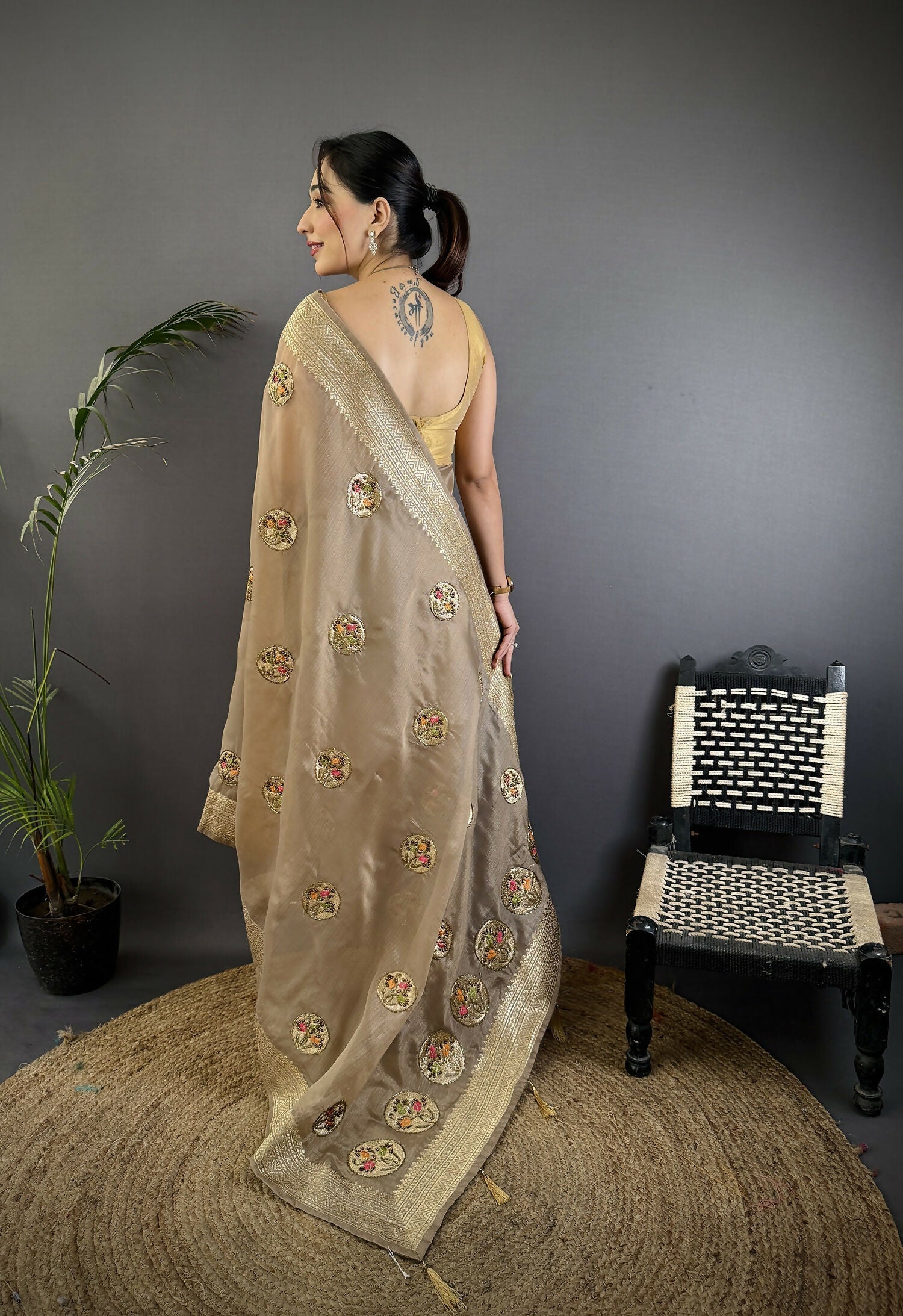 Joban Fashion Mud Brown Handloom Banarasi Organza Silk Khatali Butta Work Grab2Buy 