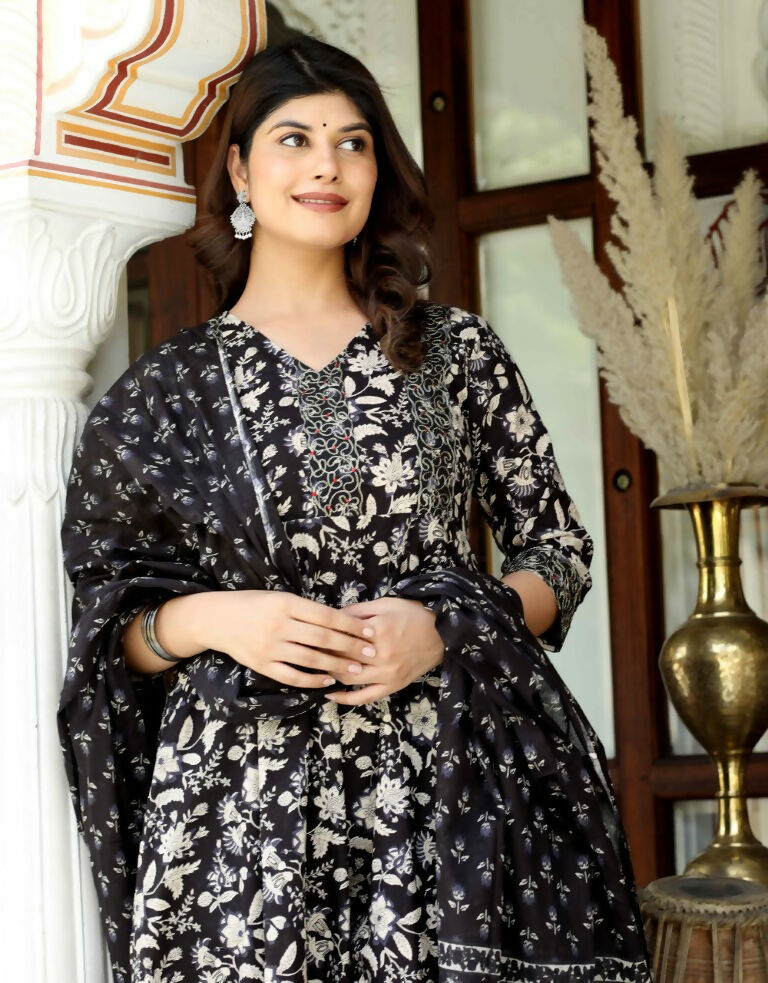 Miravan Women's Black Cotton Embroidered Attractive Anarkali Kurta And Palazzo With Dupatta Set