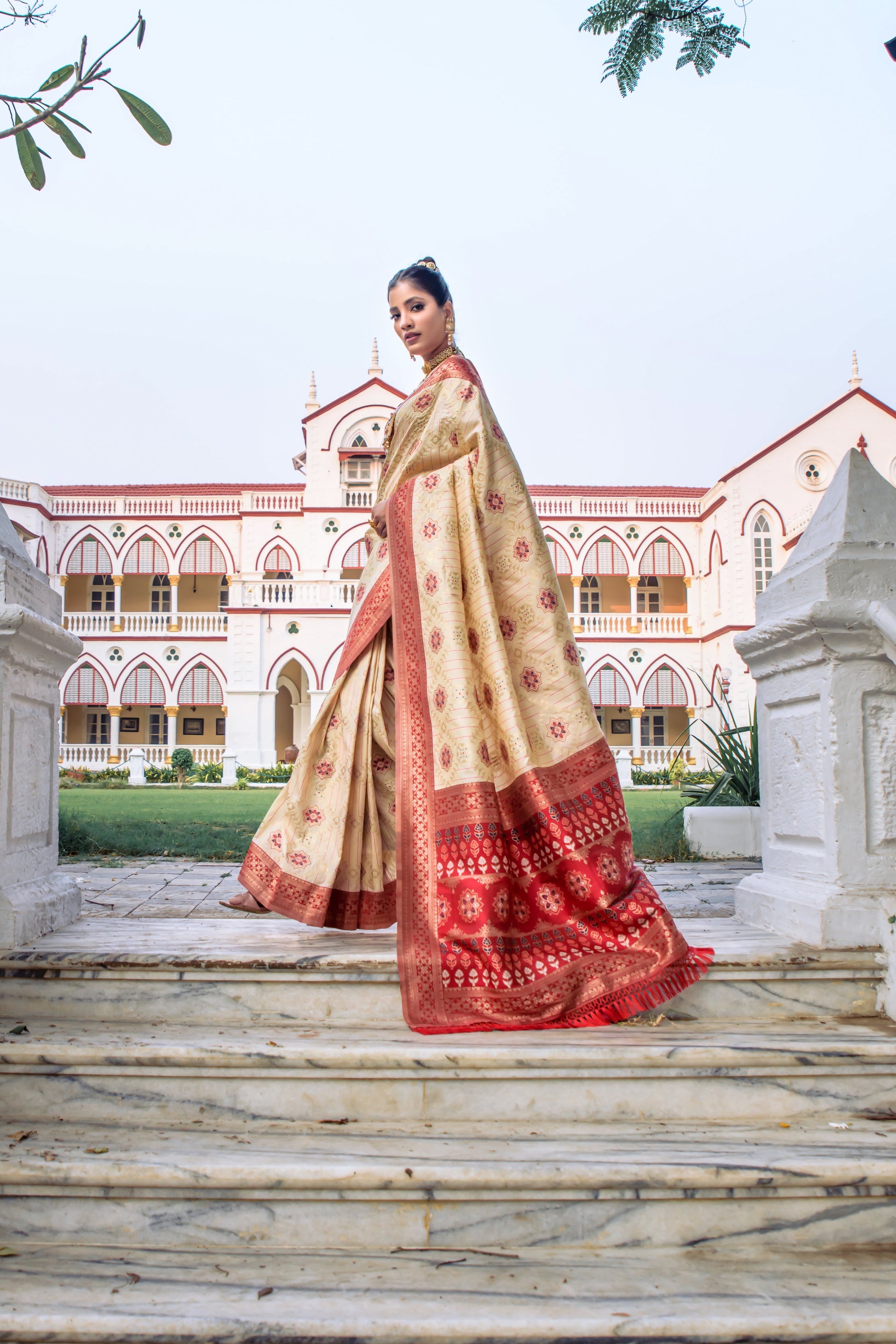 Vishnu Weaves Women's Cream Patola Banarasi Silk Meenakari Zari Woven Grab2Buy with Blouse 