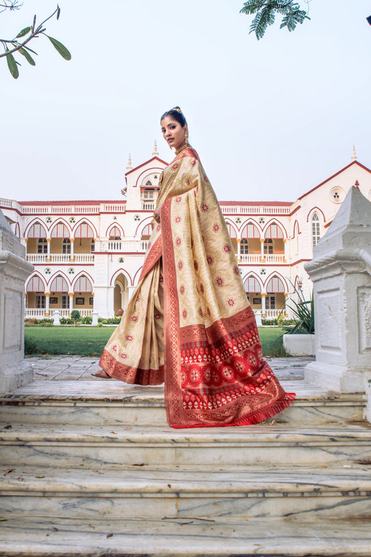 Vishnu Weaves Women's Cream Patola Banarasi Silk Meenakari Zari Woven Grab2Buy with Blouse 