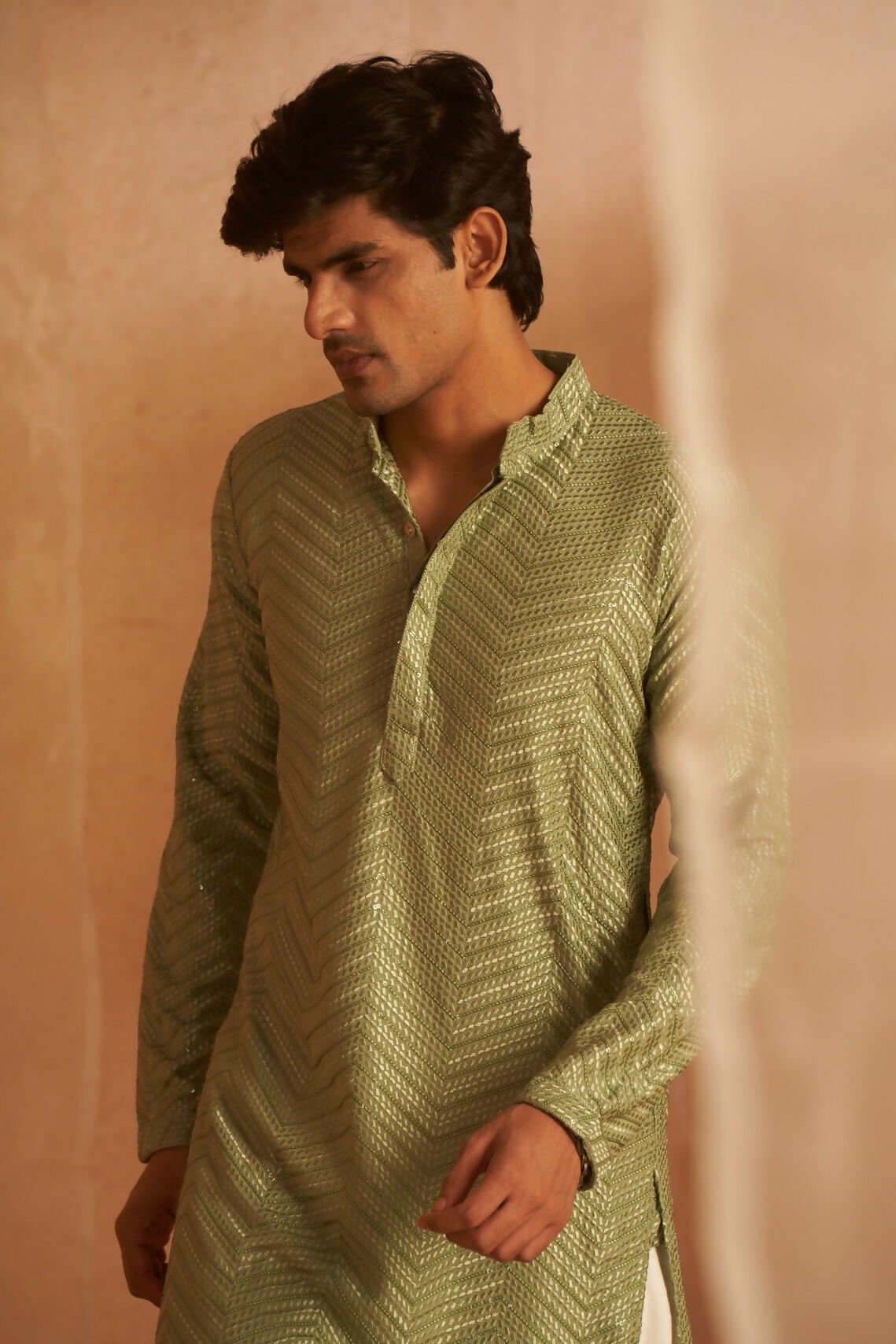 Pastel Green Viscose Embroidery Work Men's Kurta Set - Mahotsav