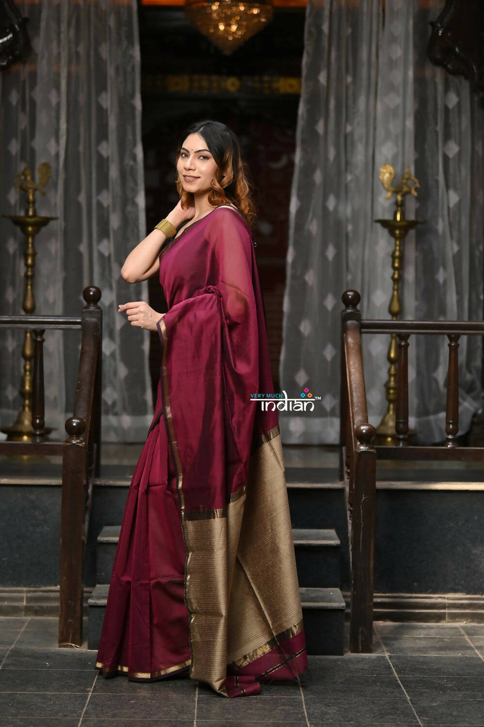 Very Much Indian VMI Exclusive Designer! Handloom Cotton Silk Grab2Buy With Sleek Golden Border - Maroon Shade 