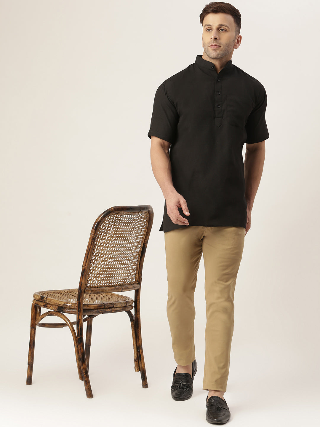 RIAG Men's Black Cotton Short Ethnic Kurta