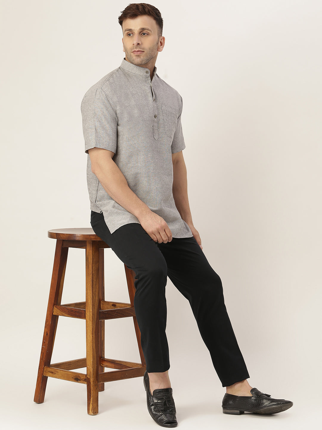 RIAG Men's Grey Cotton Short Ethnic Kurta
