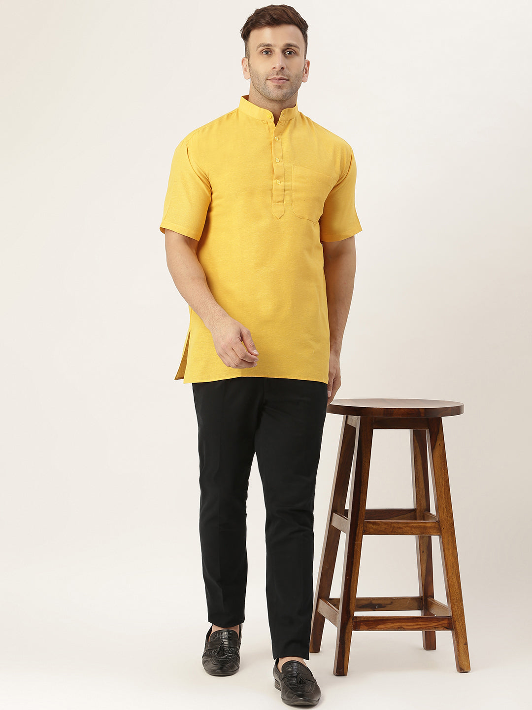 RIAG Men's Yellow Cotton Short Ethnic Kurta