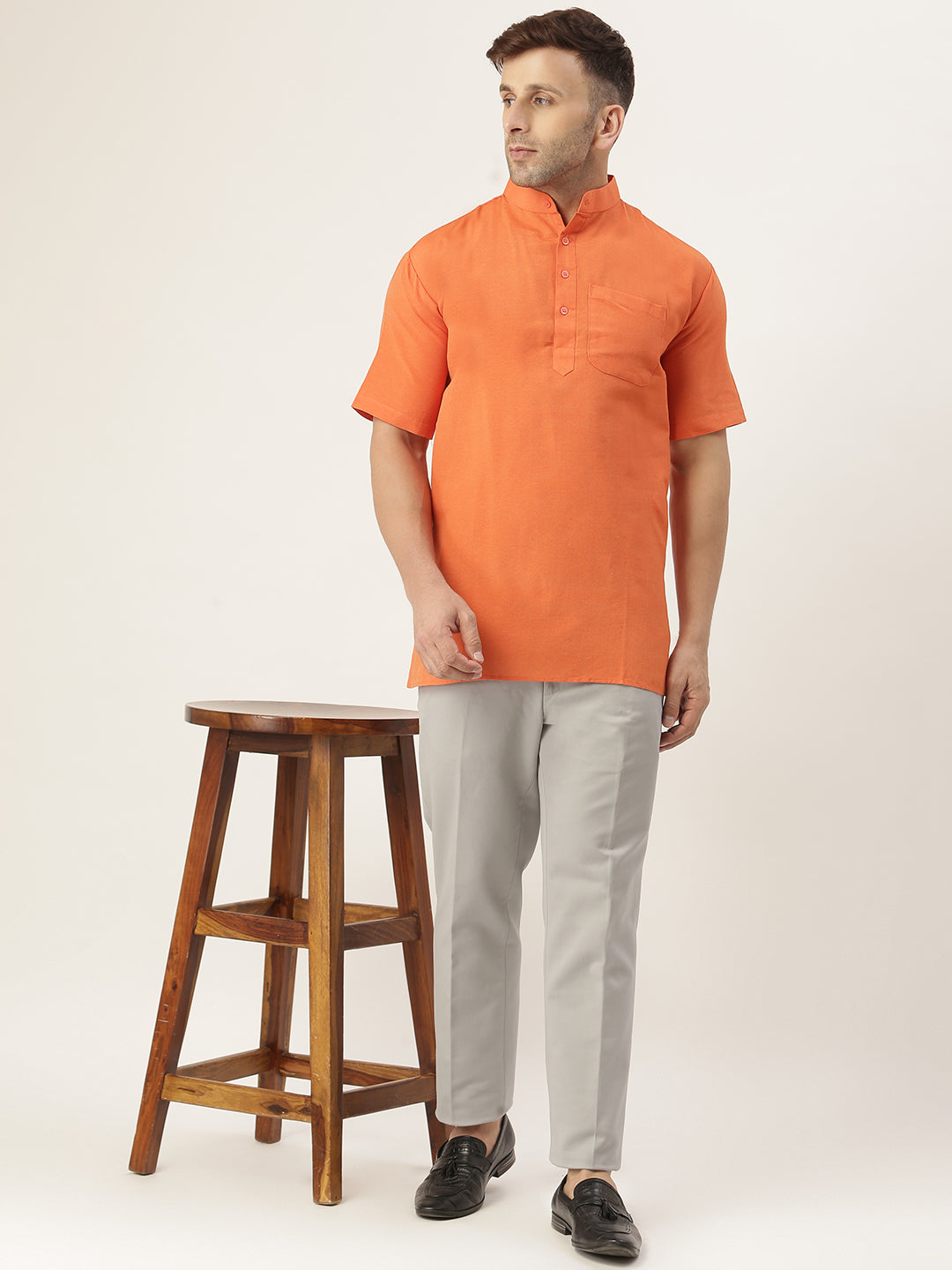 RIAG Men's Orange Cotton Short Ethnic Kurta