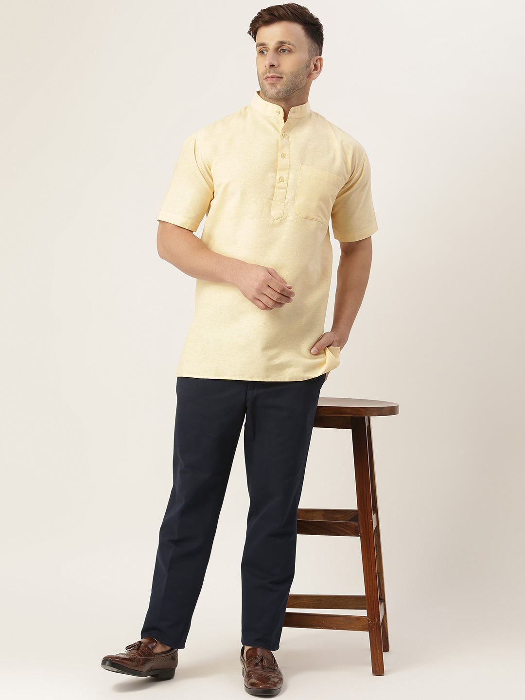 RIAG Men's Beige Cotton Short Ethnic Kurta