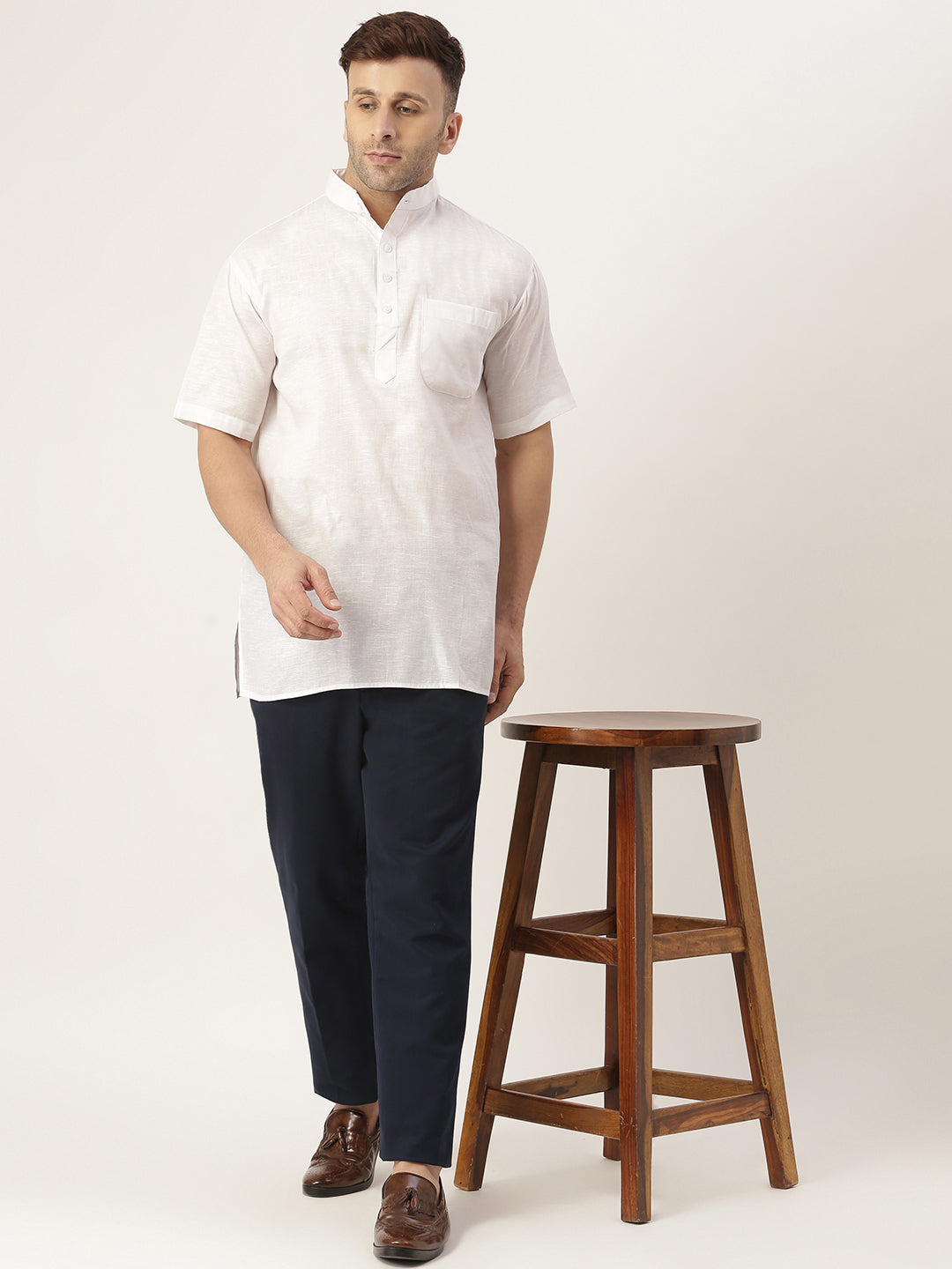 RIAG Men's White Cotton Short Ethnic Kurta