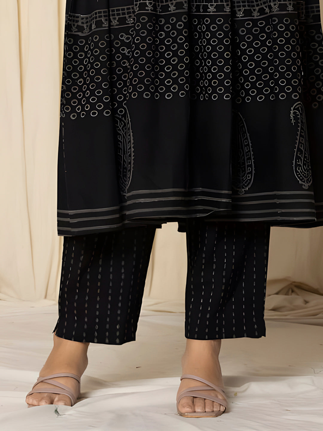 Printed Cotton Anarkali Kurta With Pant & Dupatta, Black - Hiral Fashion