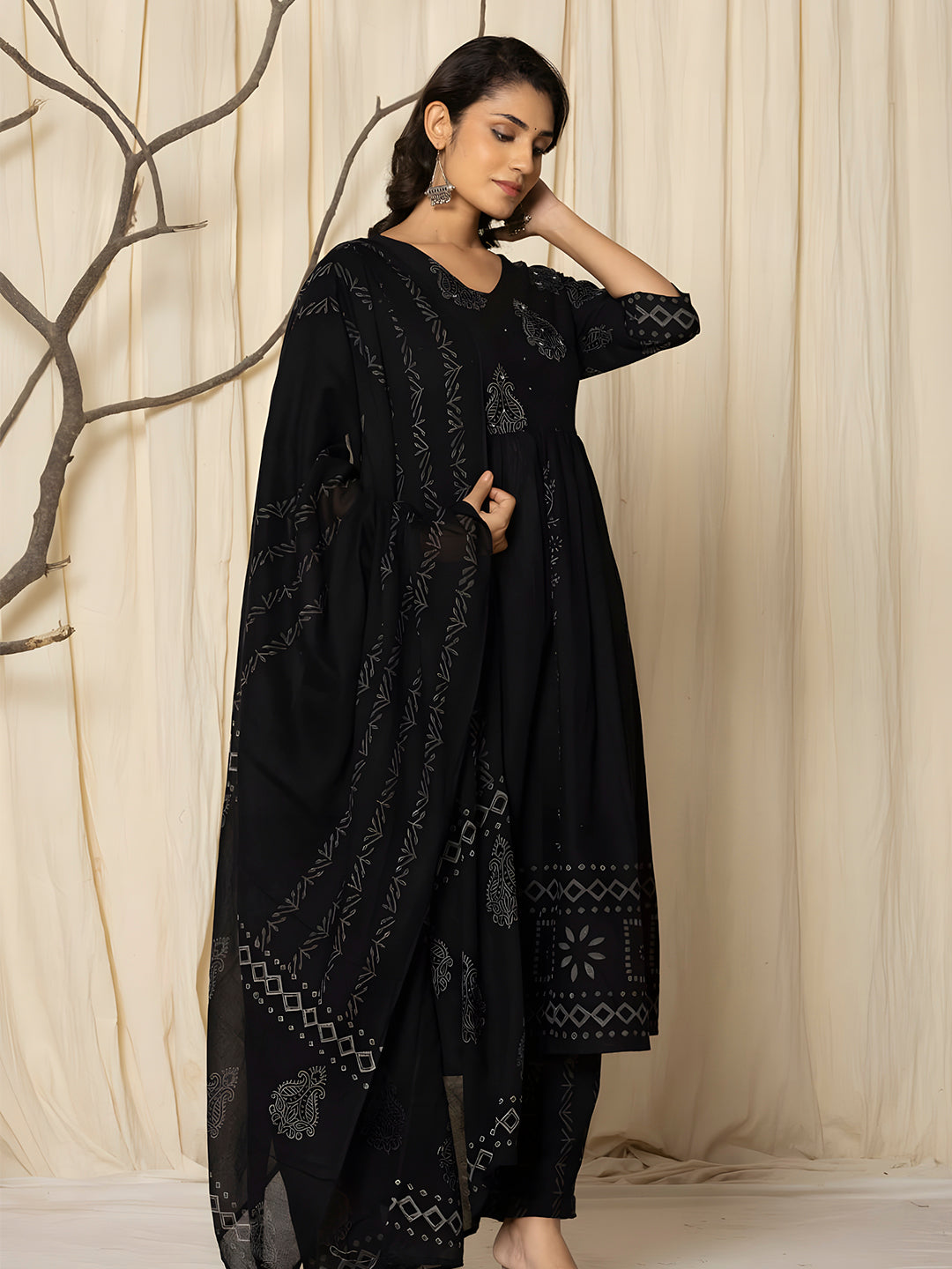Printed Cotton Anarkali Kurta With Pant & Dupatta, Black - Hiral Fashion