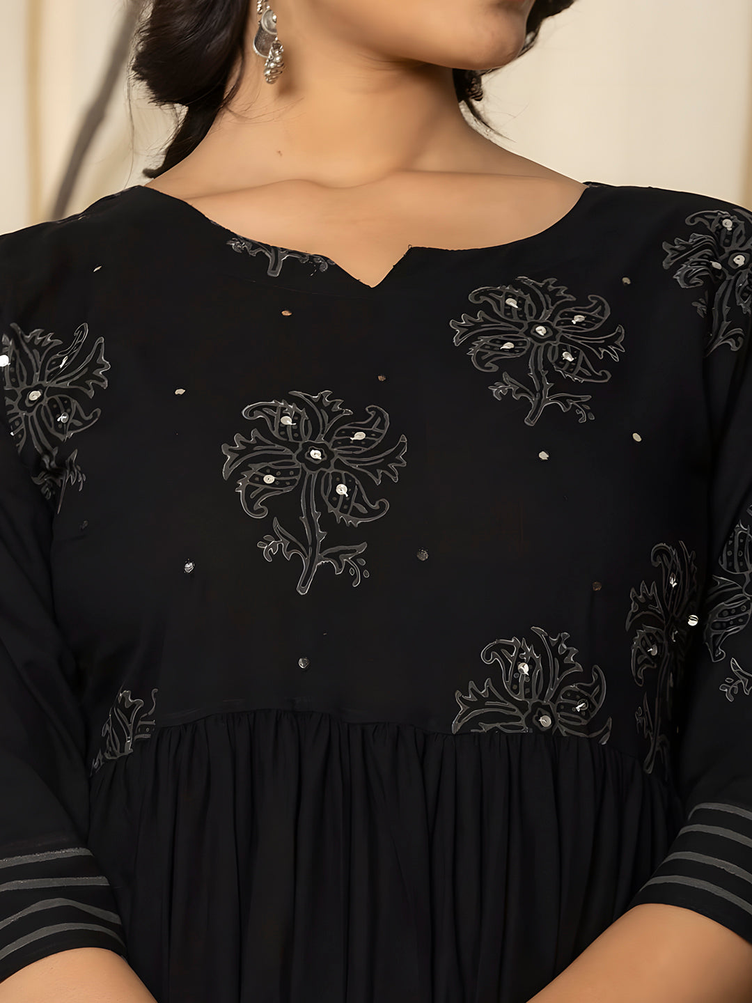 Printed Cotton Anarkali Kurta With Pant & Dupatta, Black - Hiral Fashion