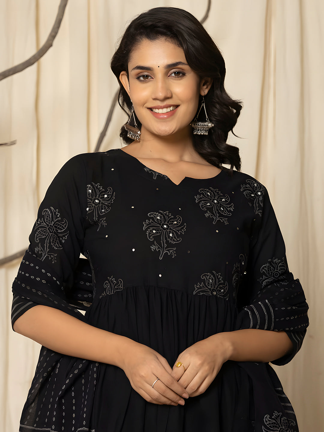 Printed Cotton Anarkali Kurta With Pant & Dupatta, Black - Hiral Fashion