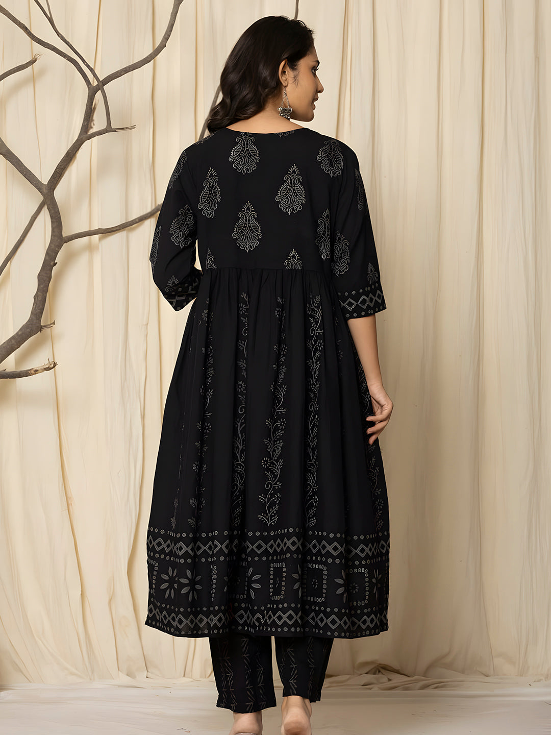 Printed Cotton Anarkali Kurta With Pant & Dupatta, Black - Hiral Fashion