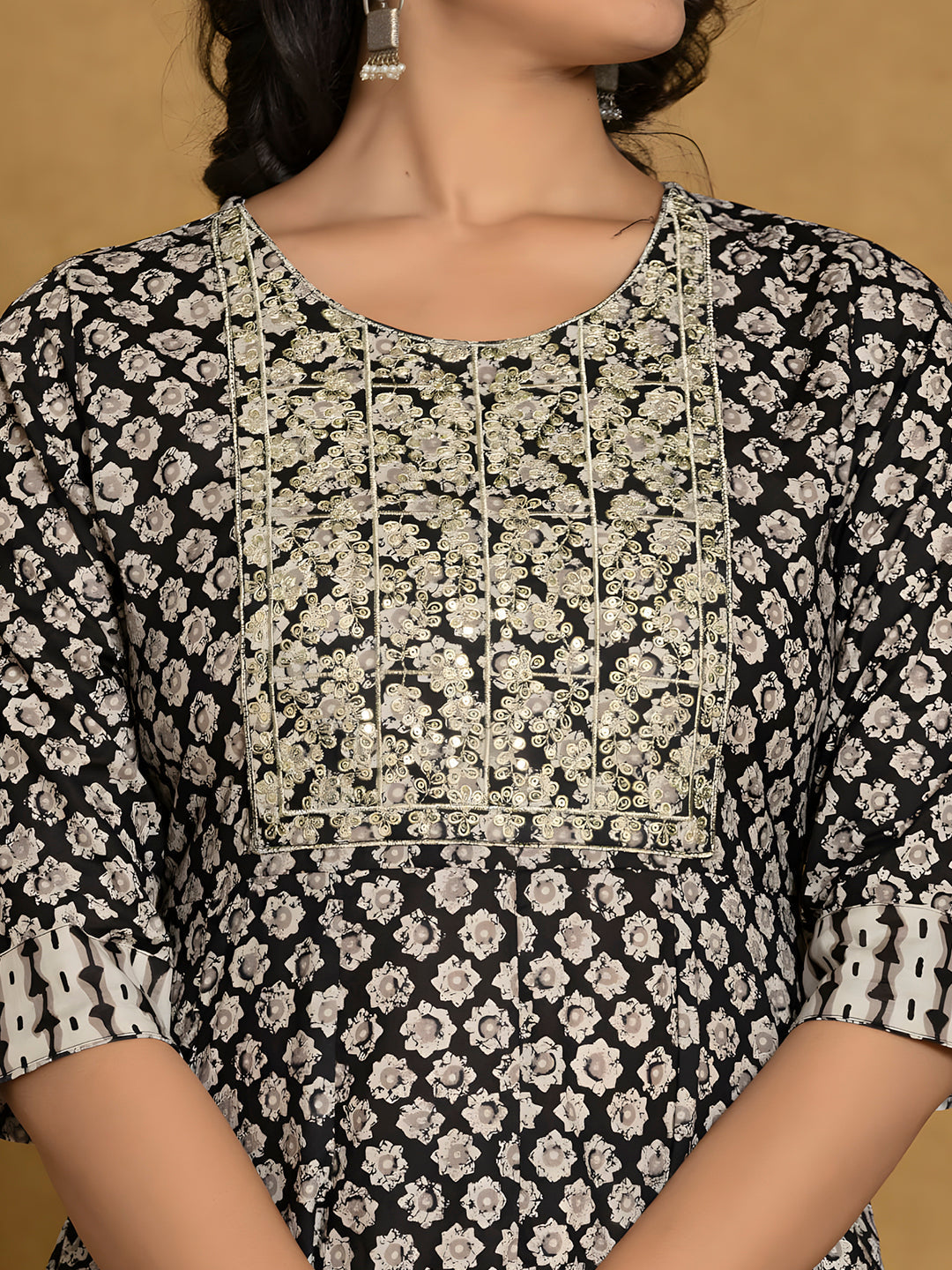 Printed Cotton Anarkali Kurta With Pant & Dupatta, Black - Hiral Fashion