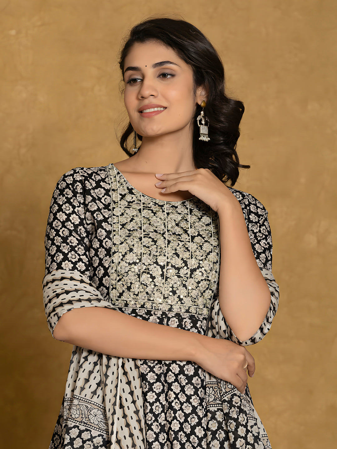 Printed Cotton Anarkali Kurta With Pant & Dupatta, Black - Hiral Fashion