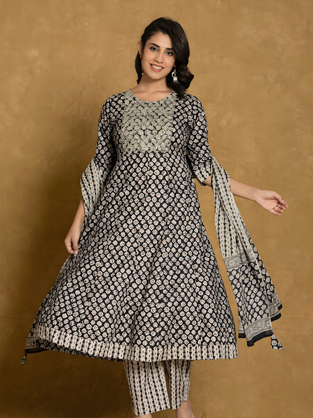 Printed Cotton Anarkali Kurta With Pant & Dupatta, Black - Hiral Fashion