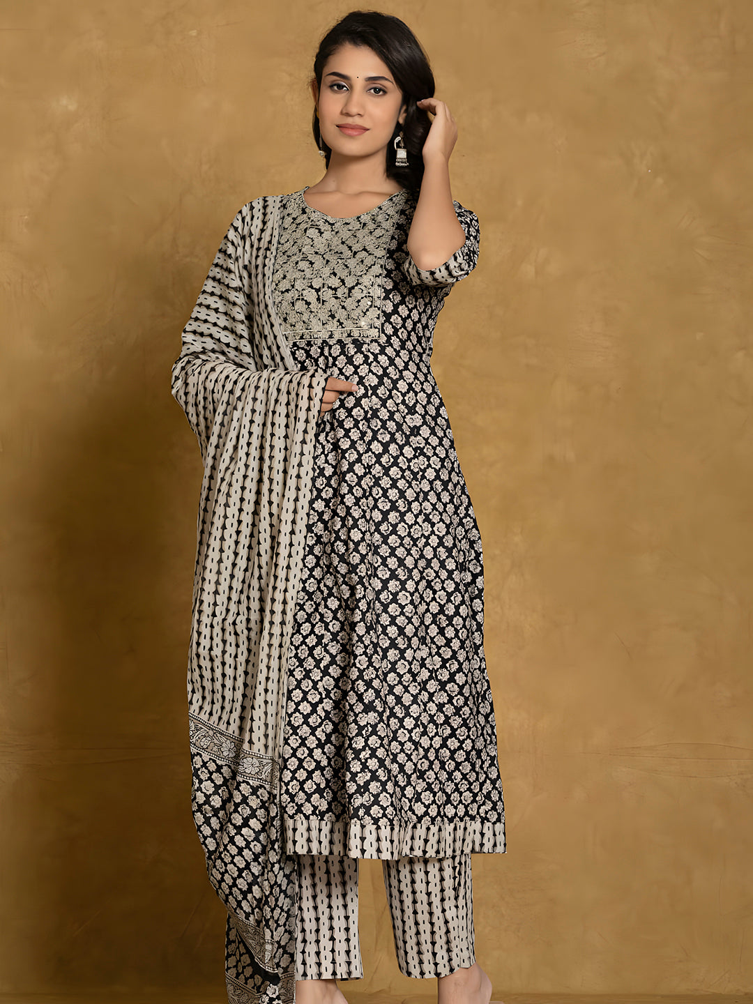 Printed Cotton Anarkali Kurta With Pant & Dupatta, Black - Hiral Fashion