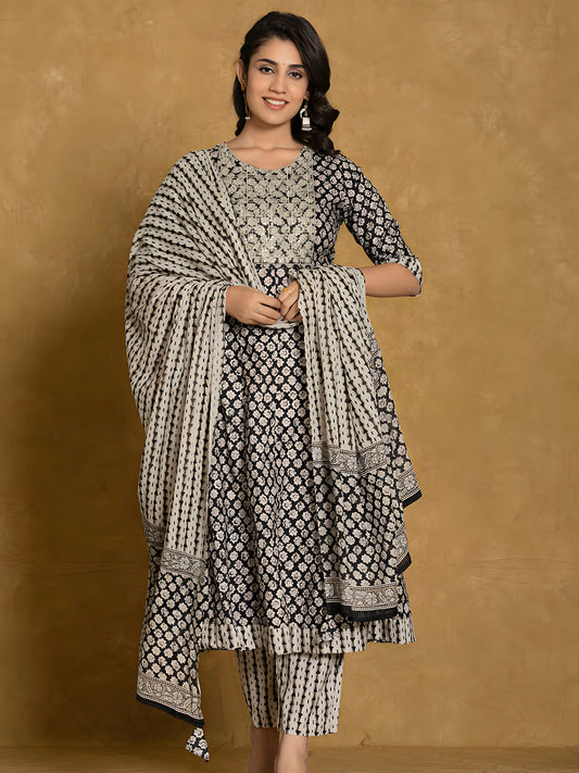 Printed Cotton Anarkali Kurta With Pant & Dupatta, Black - Hiral Fashion