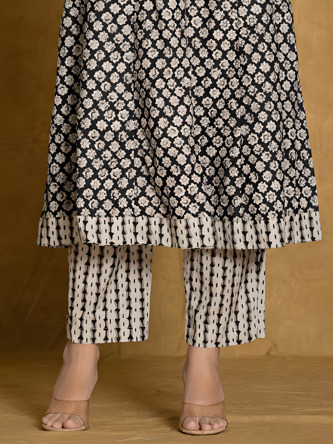 Printed Cotton Anarkali Kurta With Pant & Dupatta, Black - Hiral Fashion