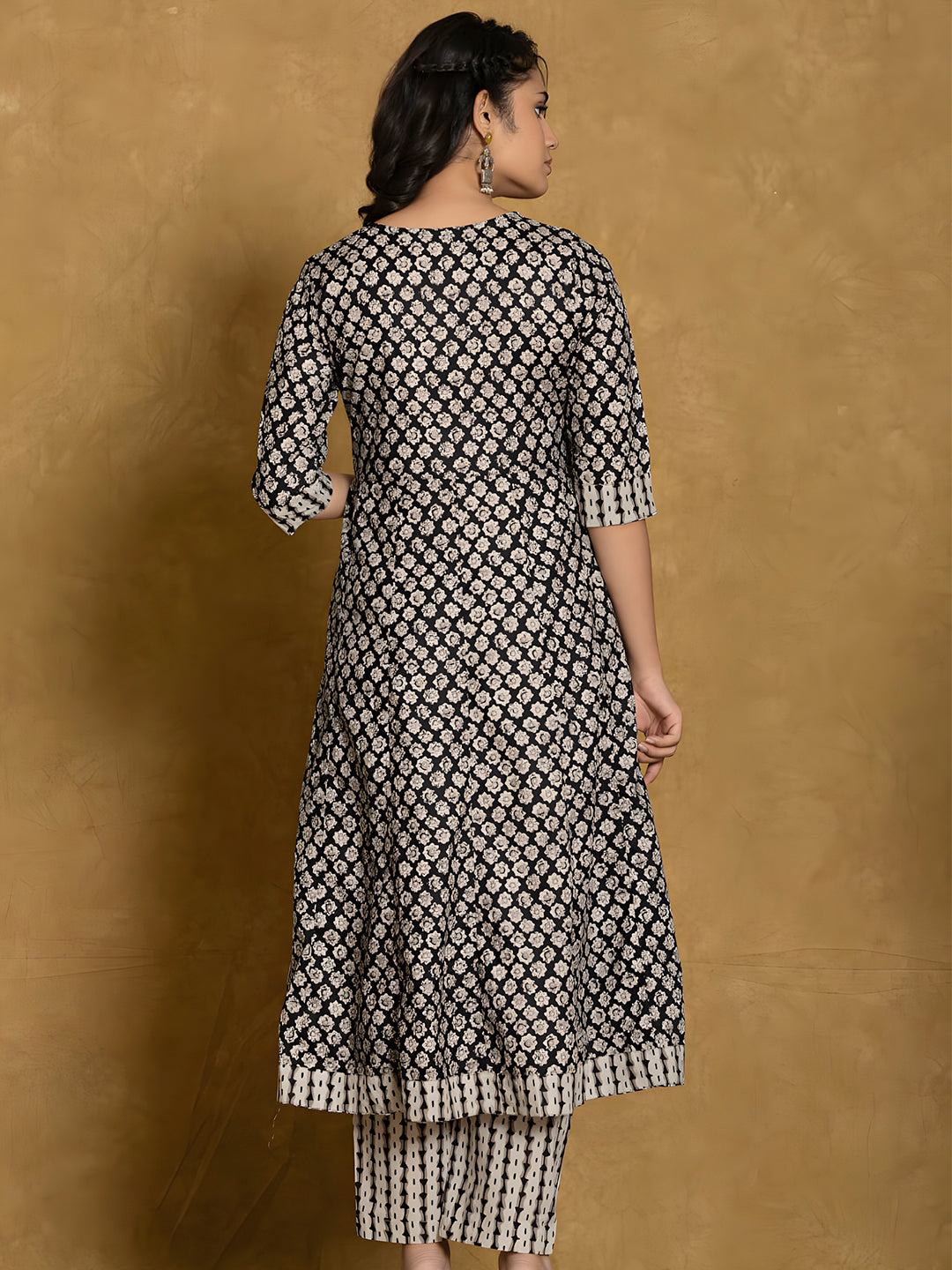 Printed Cotton Anarkali Kurta With Pant & Dupatta, Black - Hiral Fashion