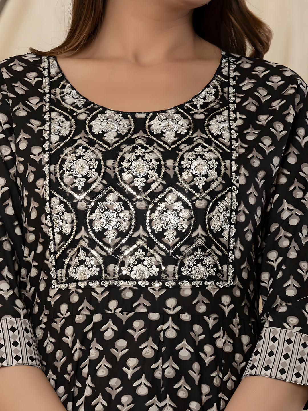 Printed Cotton Anarkali Kurta With Pant & Dupatta, Black - Hiral Fashion
