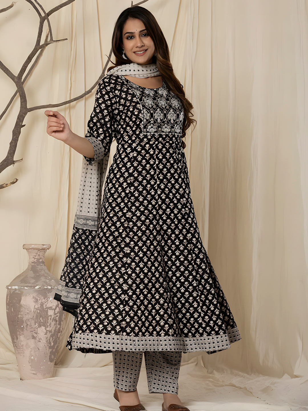 Printed Cotton Anarkali Kurta With Pant & Dupatta, Black - Hiral Fashion