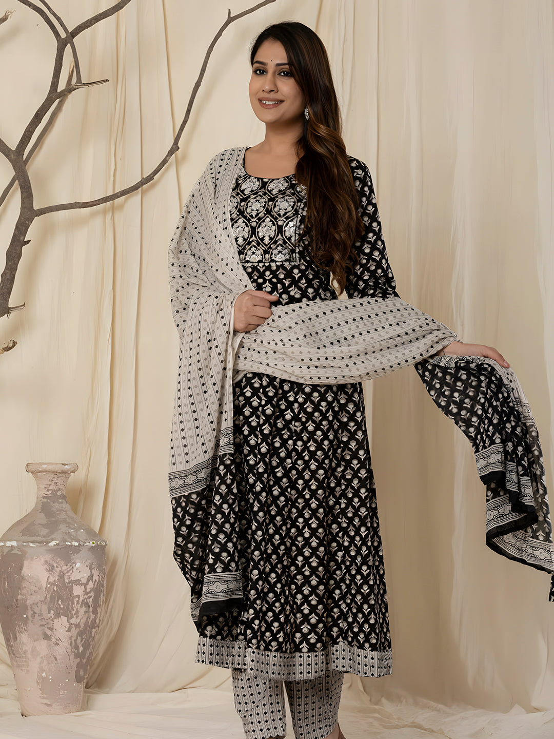 Printed Cotton Anarkali Kurta With Pant & Dupatta, Black - Hiral Fashion
