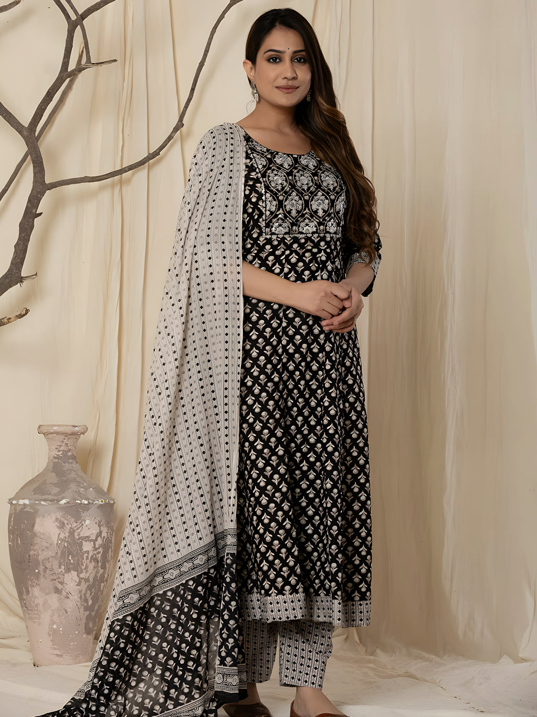 Printed Cotton Anarkali Kurta With Pant & Dupatta, Black - Hiral Fashion