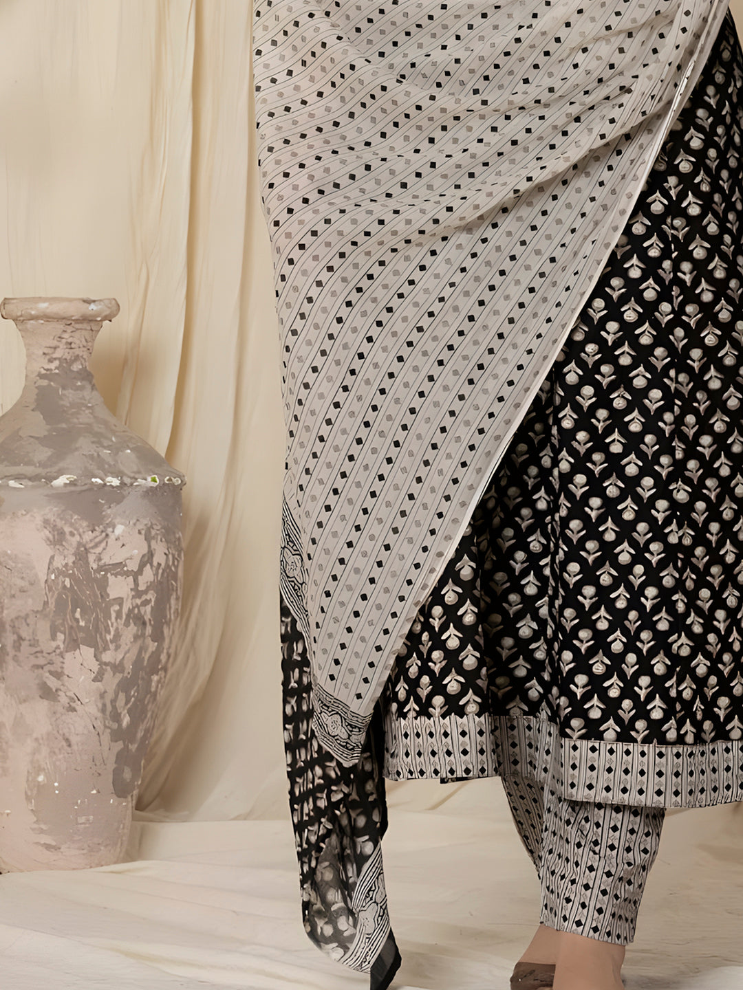 Printed Cotton Anarkali Kurta With Pant & Dupatta, Black - Hiral Fashion
