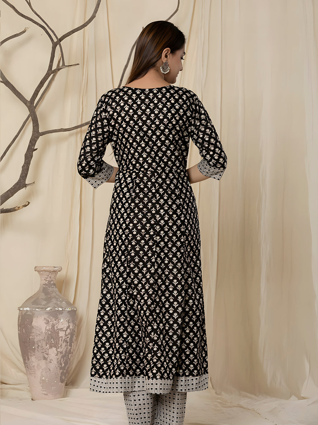 Printed Cotton Anarkali Kurta With Pant & Dupatta, Black - Hiral Fashion