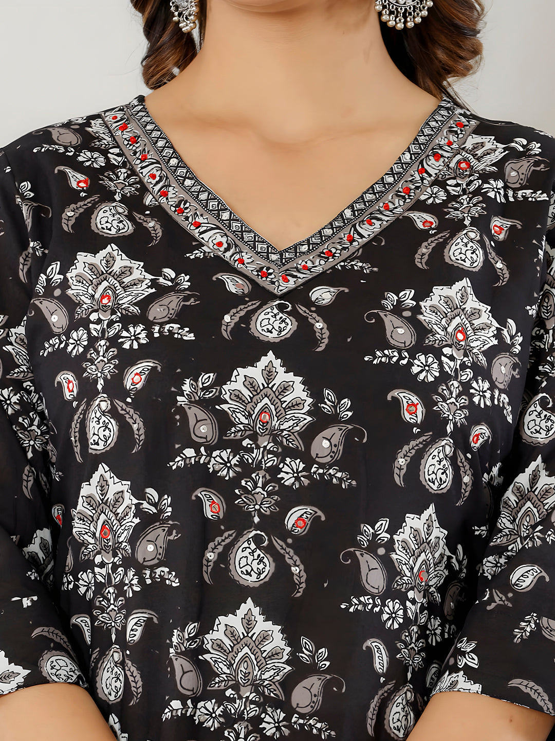 Printed Cotton Straight Kurta With Pant & Dupatta, Black - Hiral Fashion