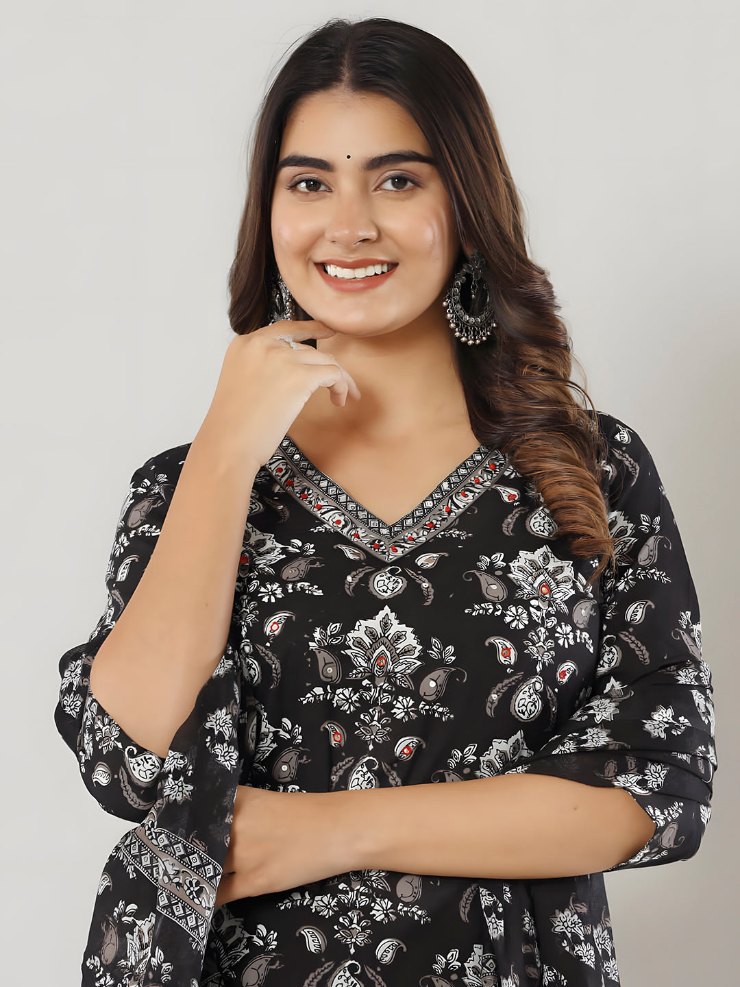 Printed Cotton Straight Kurta With Pant & Dupatta, Black - Hiral Fashion