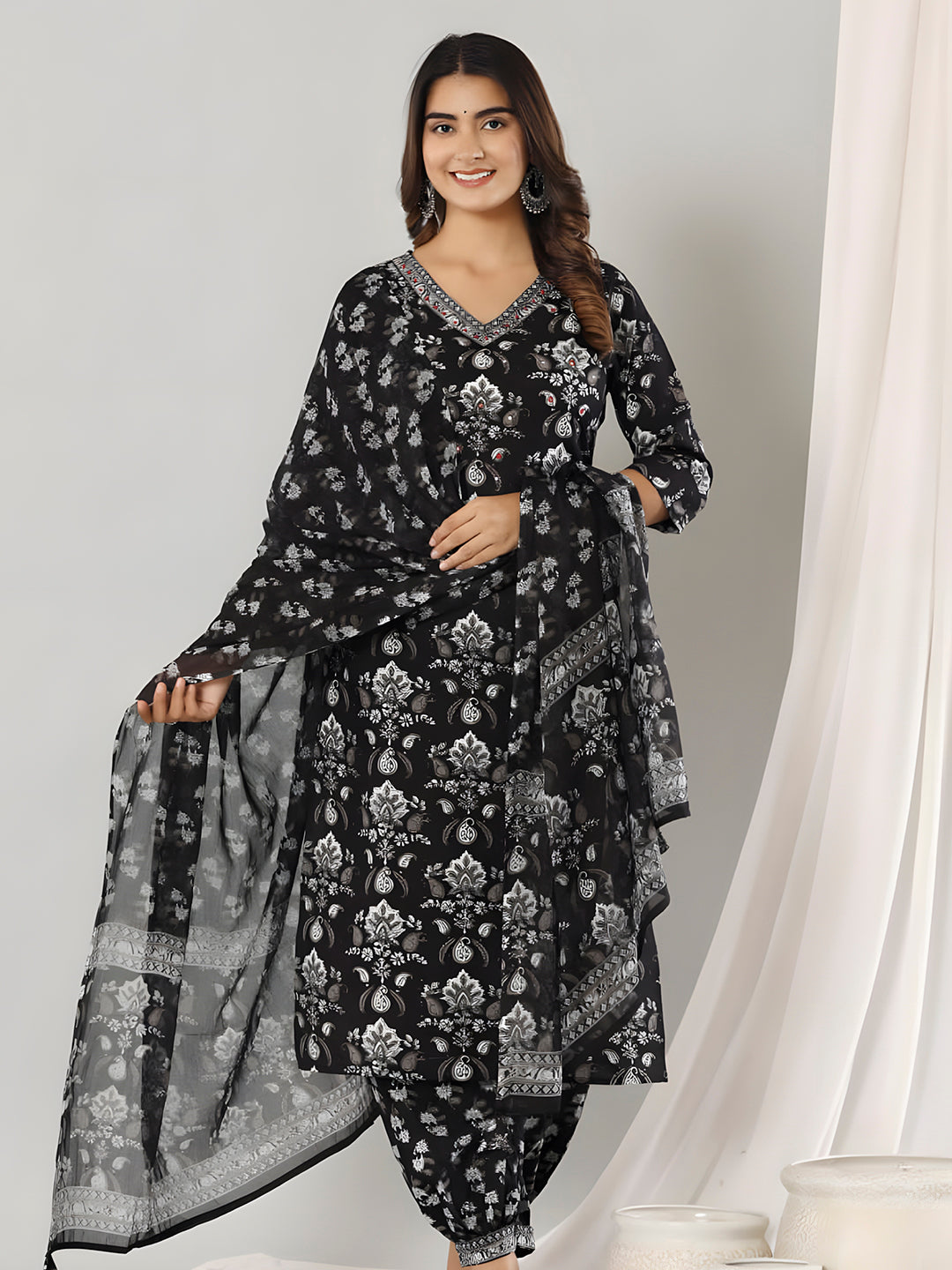 Printed Cotton Straight Kurta With Pant & Dupatta, Black - Hiral Fashion