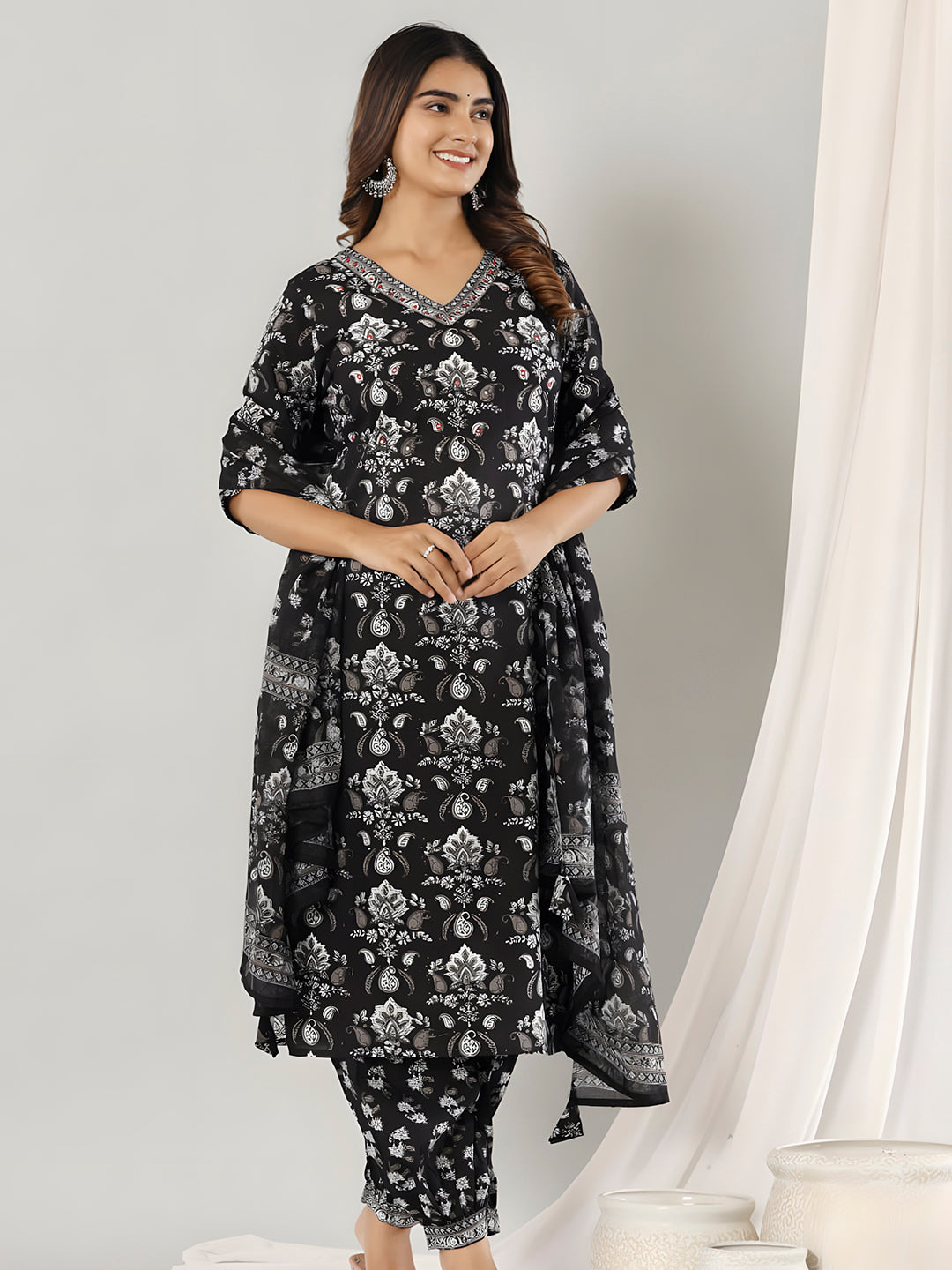 Printed Cotton Straight Kurta With Pant & Dupatta, Black - Hiral Fashion