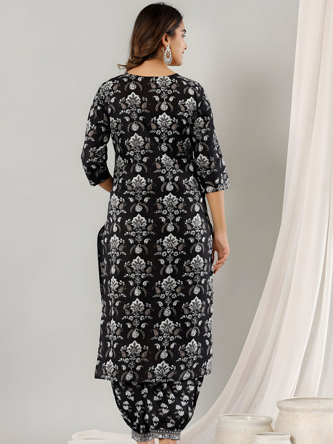 Printed Cotton Straight Kurta With Pant & Dupatta, Black - Hiral Fashion