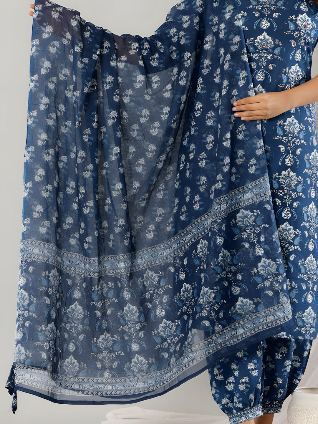 Printed Cotton Straight Kurta With Pant & Dupatta, Blue - Hiral Fashion