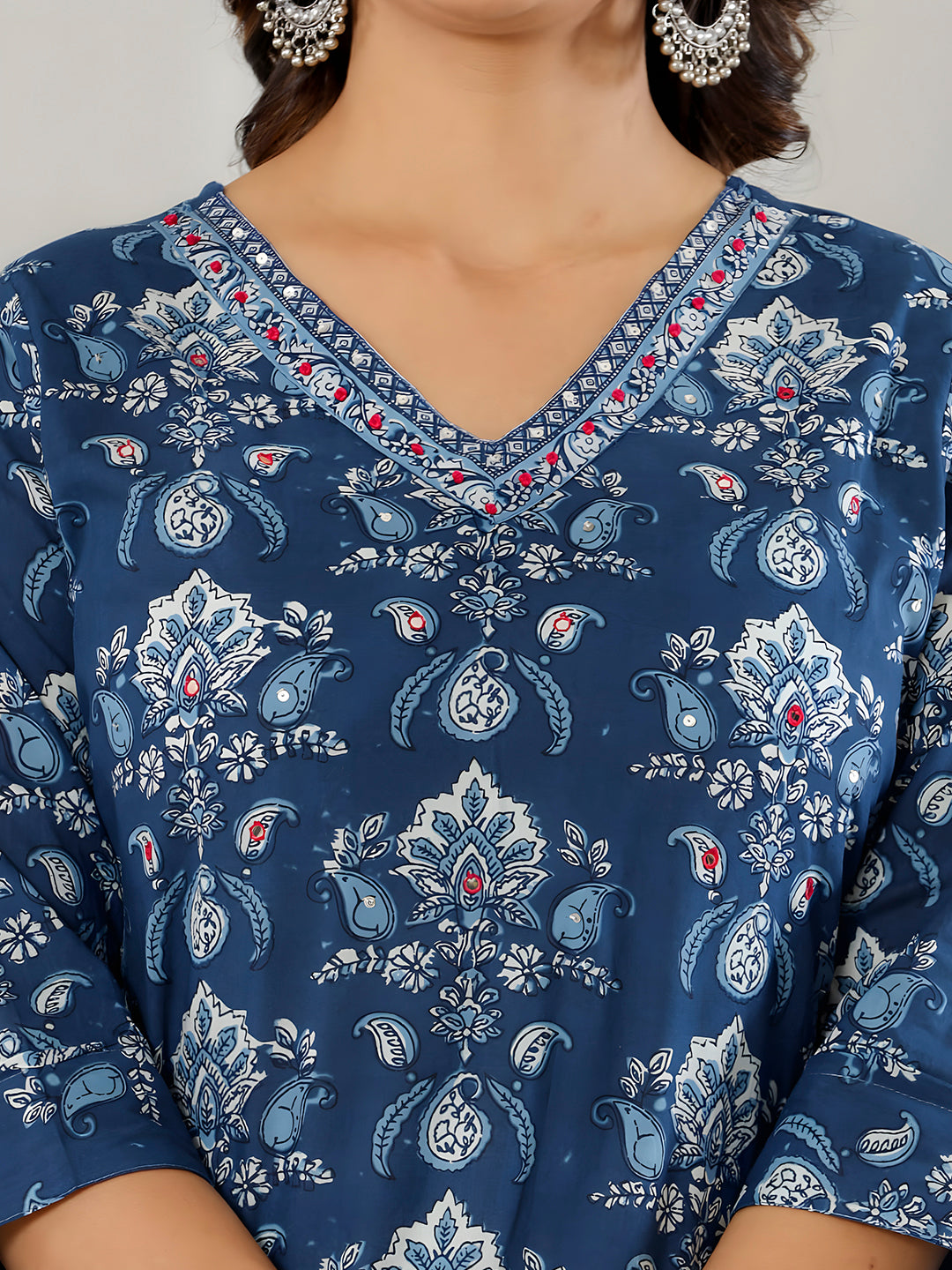 Printed Cotton Straight Kurta With Pant & Dupatta, Blue - Hiral Fashion