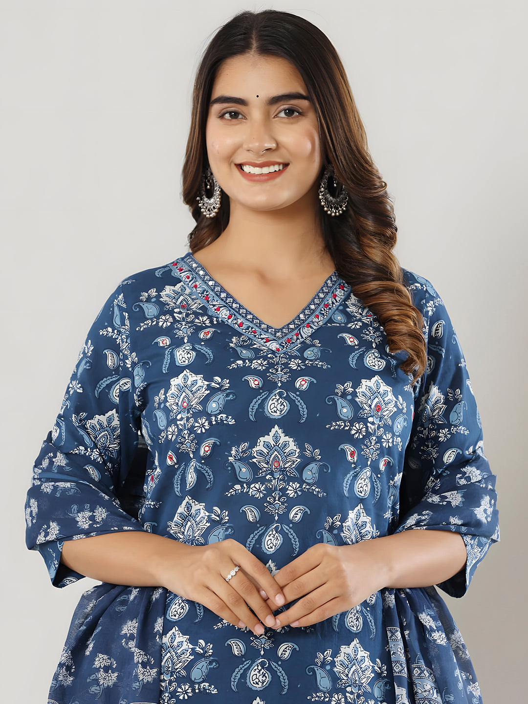 Printed Cotton Straight Kurta With Pant & Dupatta, Blue - Hiral Fashion