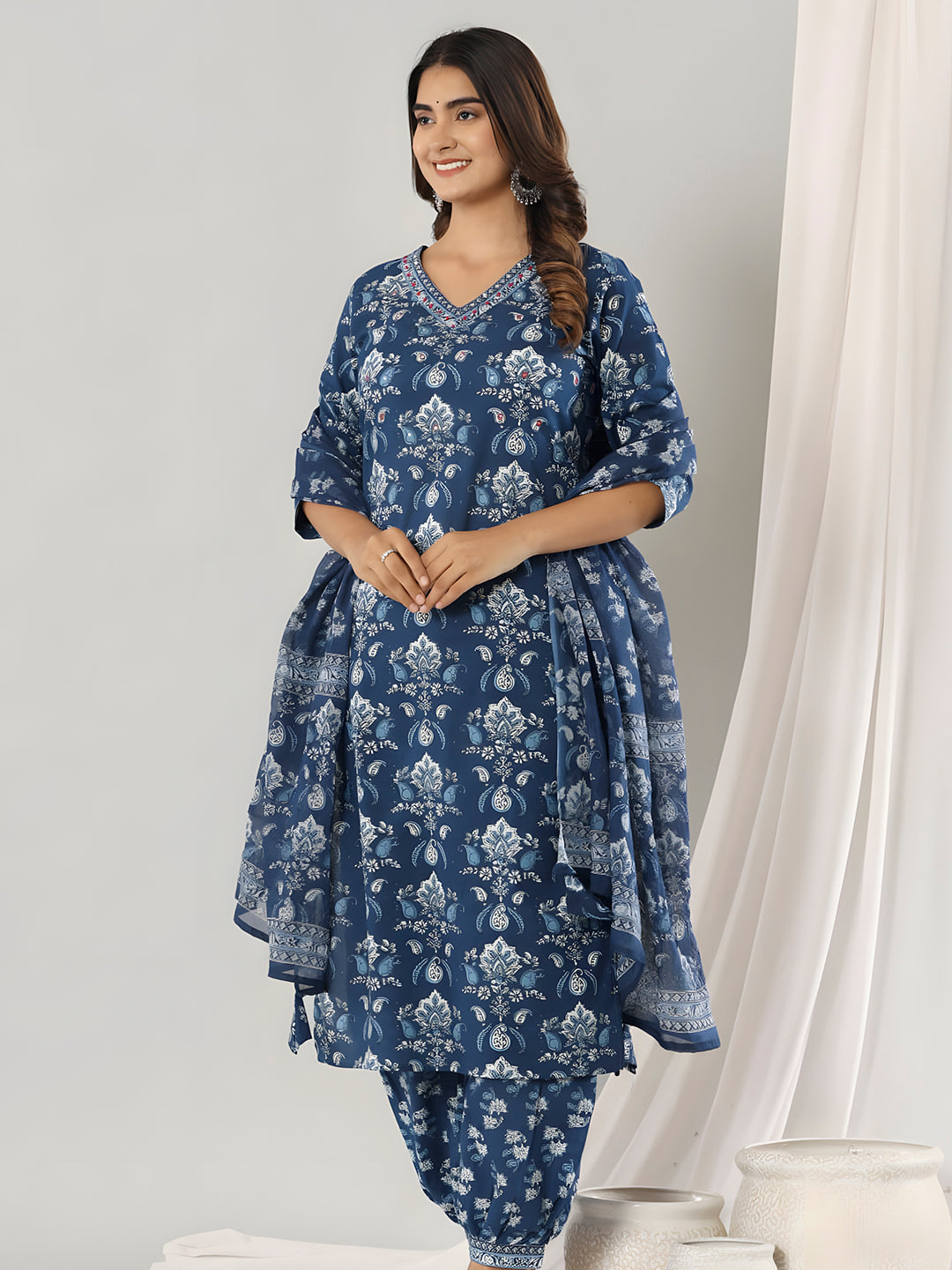 Printed Cotton Straight Kurta With Pant & Dupatta, Blue - Hiral Fashion