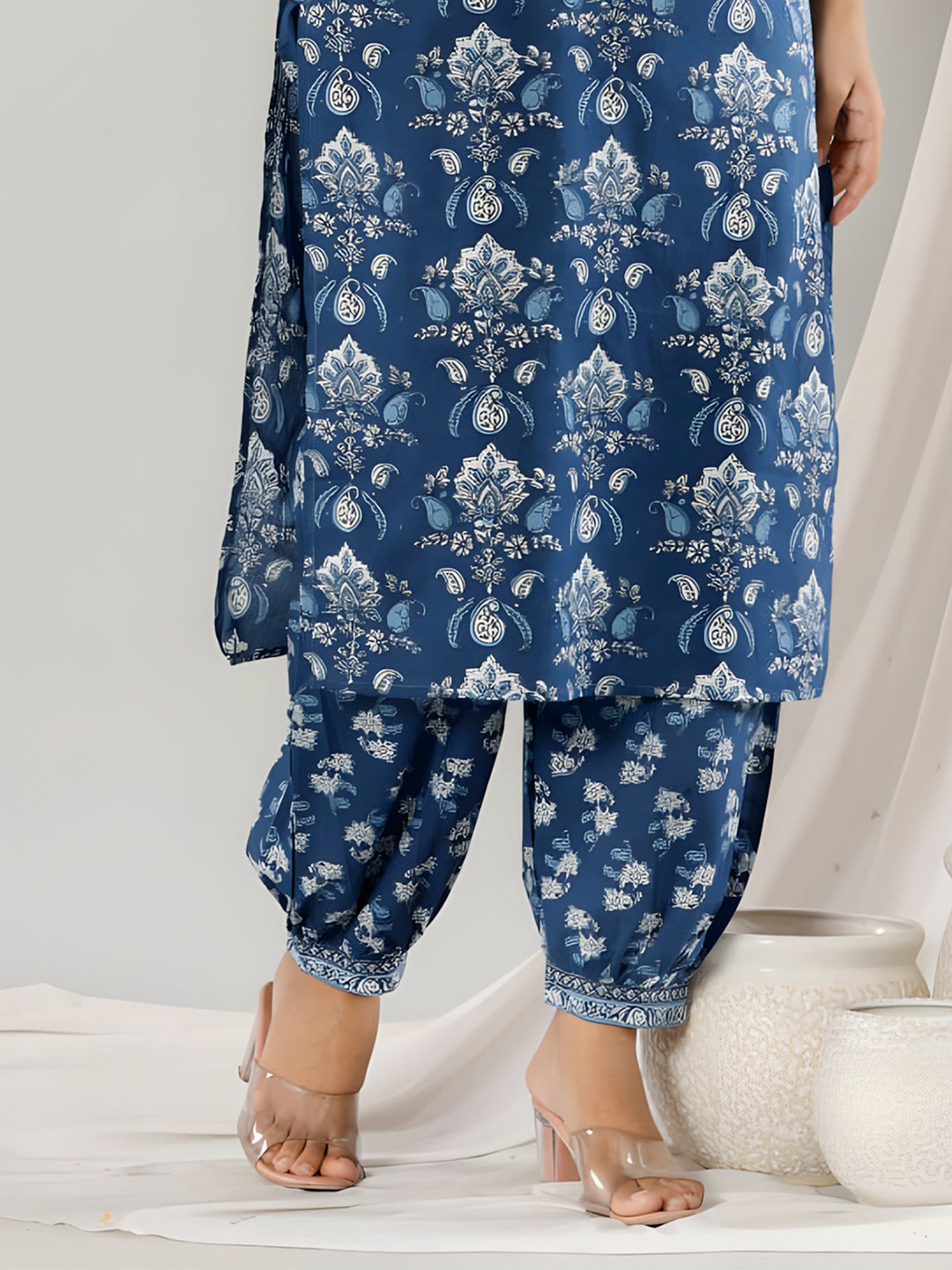 Printed Cotton Straight Kurta With Pant & Dupatta, Blue - Hiral Fashion