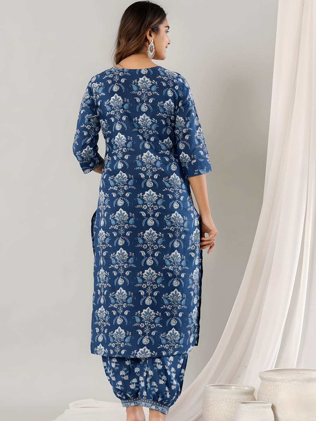 Printed Cotton Straight Kurta With Pant & Dupatta, Blue - Hiral Fashion